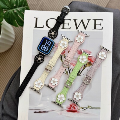 适用苹果荔枝纹皮拼五瓣花手表带