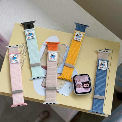 适用苹果拼色尼龙魔术贴手表带