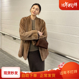 皮毛一体26初春新款环保水貂皮草外套仿帕斯条女 V领简约百搭时尚