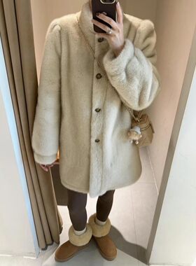 皮毛一体外套女立领中长款