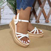 百搭露趾凉鞋 坡跟凉鞋 松糕厚底防水台一字带高跟鞋 新款 女2025夏季