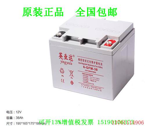 英业达蓄电池6-GFM-38(12V38AH/20HR)免维护 船舶/ UPS/铁路/电瓶