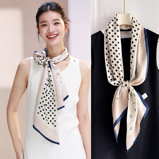 小长条围巾系脖高级感搭配衬衫 秋冬季 2025新款 黑白波点真丝巾女款