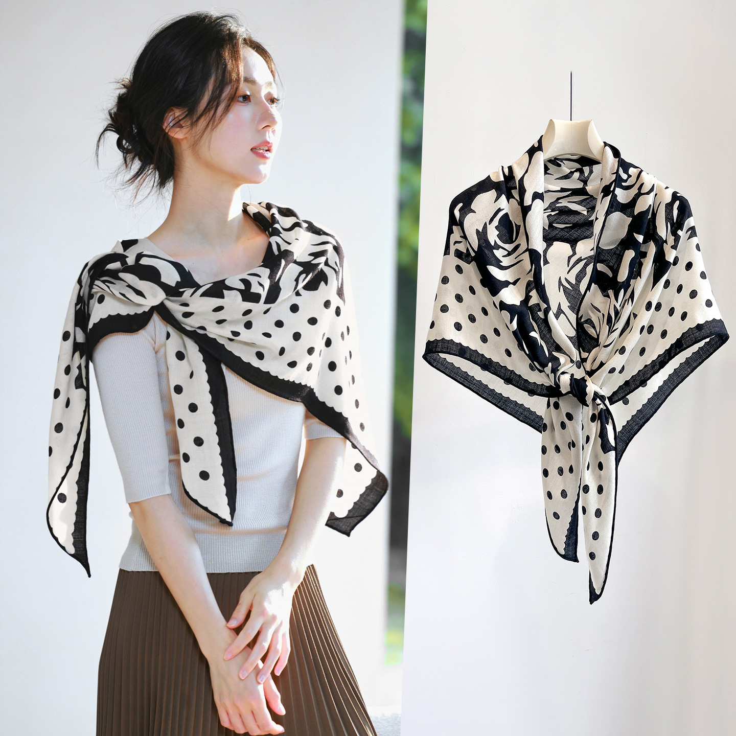 波点真丝羊毛丝巾女款2025新款三角羊绒大披肩外搭高端秋冬季轻薄