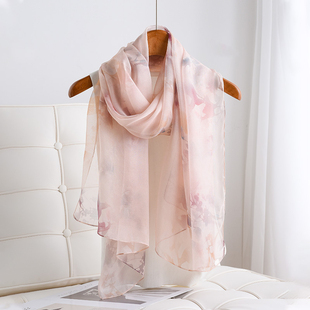粉色真丝丝巾女士妈妈款秋冬季薄款披肩小长条围巾纱巾高端高级感