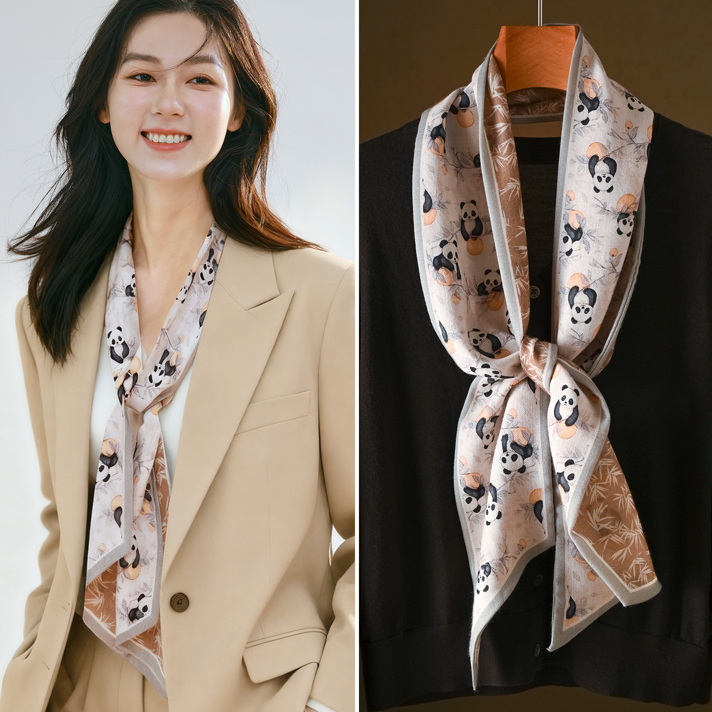 熊猫真丝羊毛围巾女款2025新款秋冬系脖轻奢高级感小长条搭配西装