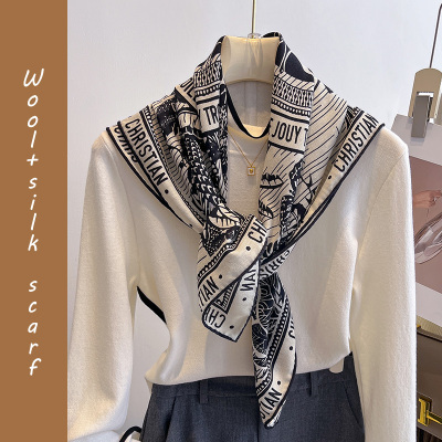 黑白真丝羊毛围巾女款2025新款冬羊绒三角披肩丝巾薄款轻奢高级感