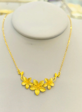 越南沙金黄铜镀金三生花吊坠项链仿金花朵五花挂坠锁骨链气质首饰