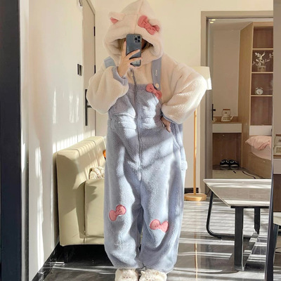 可爱卡通珊瑚绒睡衣女冬季2025年新款加绒加厚毛绒家居服连体衣冬