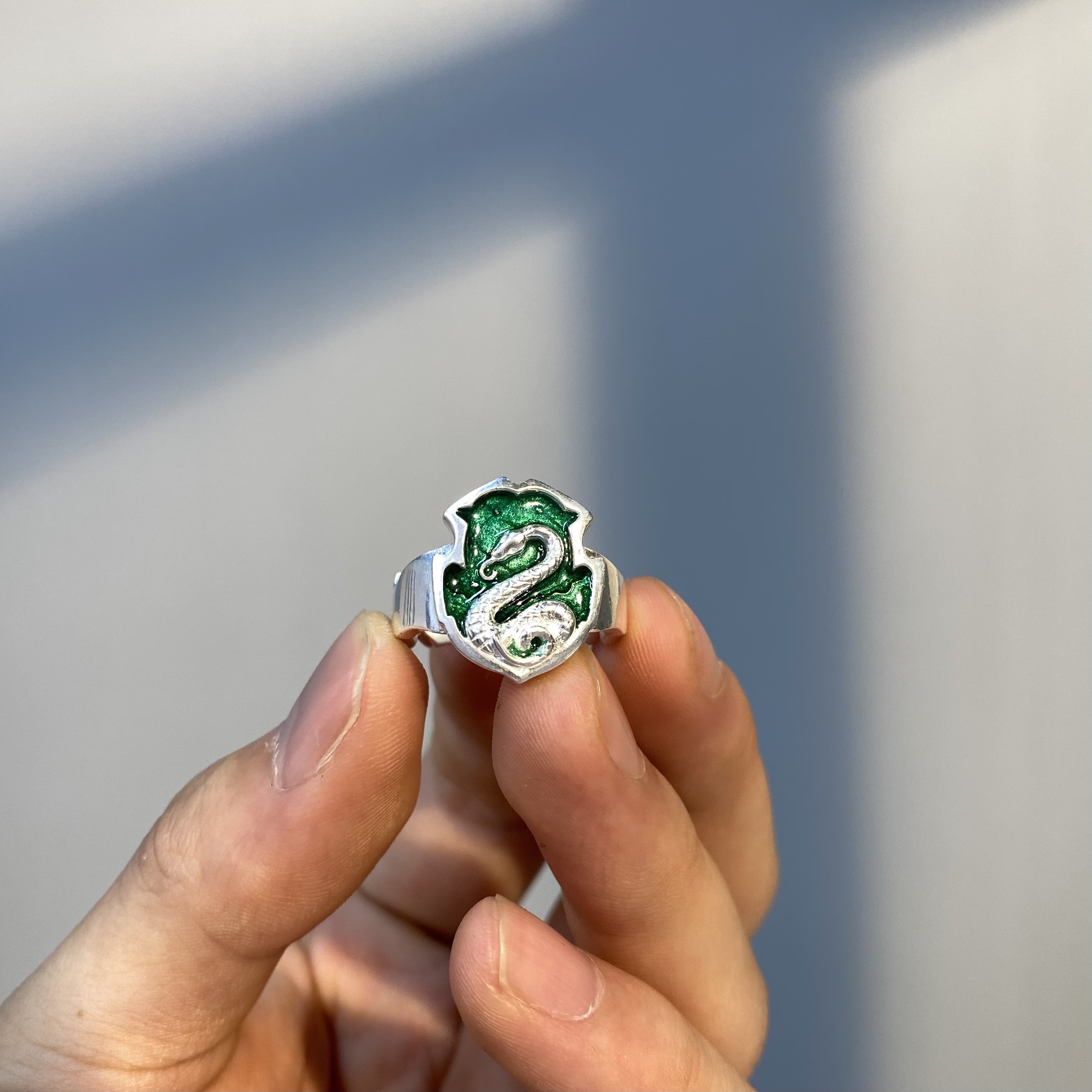 斯莱特林蛇院集合囚徒手作印章999纯银绿色热珐琅戒指釉面