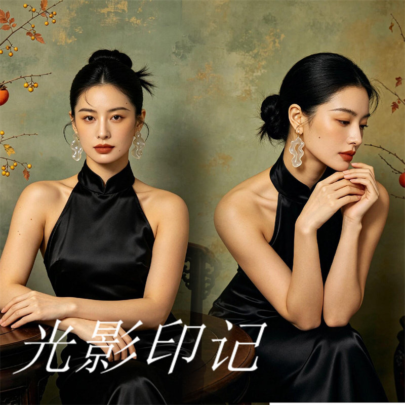 影楼拍照黑色挂脖赫本风婚纱