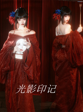 影楼魏晋拍照汉服红色古风风流仙裙长款纯欲风艺术照写真古装摄影