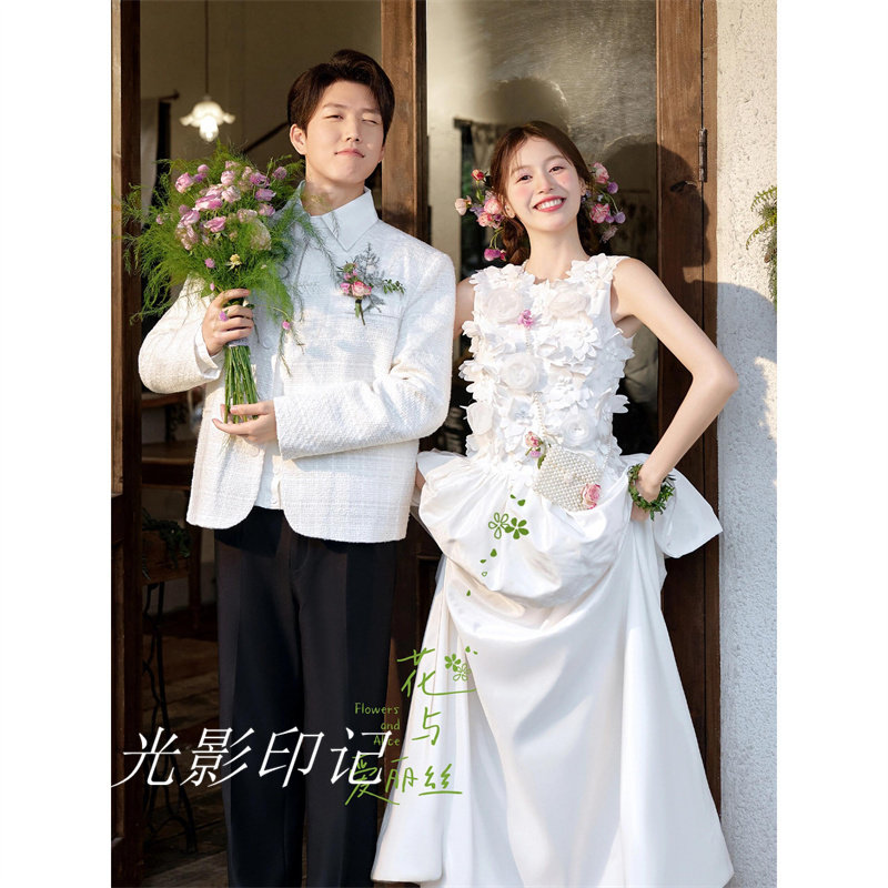 影楼新款法式轻婚纱简约超仙甜美出门纱领证订婚礼服晨袍女