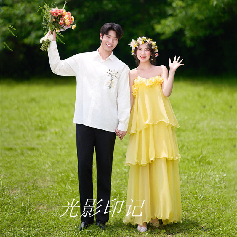 新款影楼法式旅拍黄色轻婚纱度假风甜美露肩吊带礼服连衣裙仙女裙
