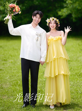 新款影楼法式旅拍黄色轻婚纱度假风甜美露肩吊带礼服连衣裙仙女裙