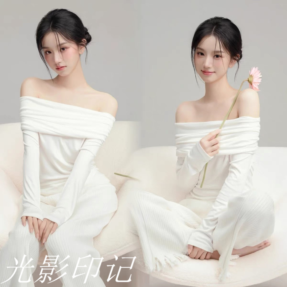 小清新一字肩少女初恋风白色