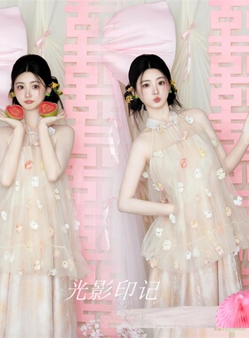 梦幻风挂脖花朵网纱礼服女高级感轻奢小众甜美新娘写真拍照裙