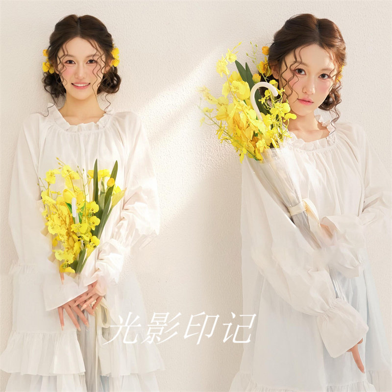 影楼法式白色花边领长袖连衣裙宽松短款大摆荷叶边叠穿罩衫衬衫裙