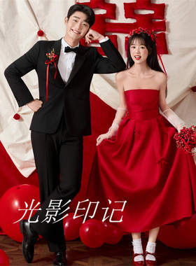 影楼红色喜嫁新款旅拍结婚照新娘订婚结婚礼服敬酒主题少女摄影服