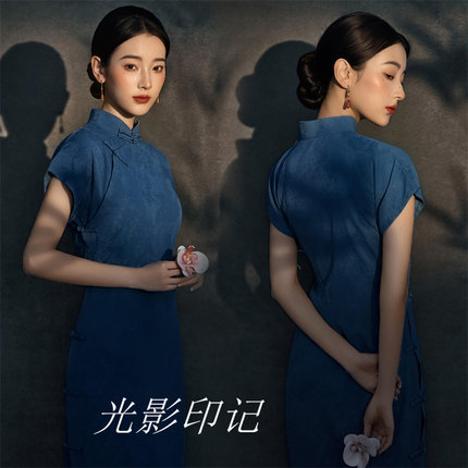 影楼国风新中式改良旗袍新款夏季蓝色古法年轻民国风少女素雅文艺