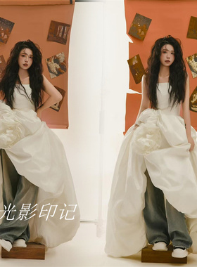 影楼拍照旅拍主题服装高级婚纱摄影情侣混搭抹胸白色前短后长礼服