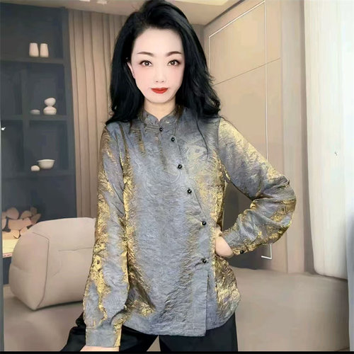 时尚百搭春秋新品立领长袖流光锦宽松上衣女原创轻熟风潮流