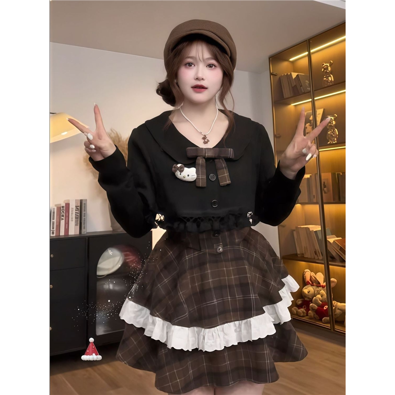胖mm日系格纹秋冬Lolita两件套