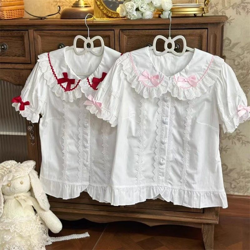 原创洛丽塔蝴蝶结娃娃领Lolita内搭短袖白衬衫女夏季内衬白色衬衣