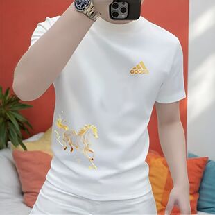 国潮新款骏马印花短袖T恤男士本命年白色高级感时尚半袖体恤上衣