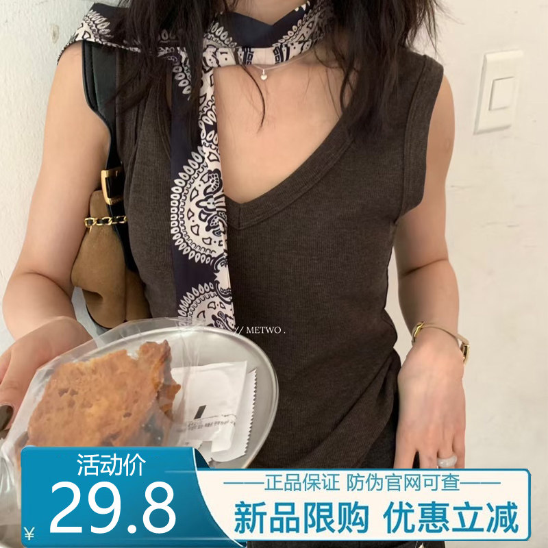 带丝巾v领马甲背心女打底衫上衣