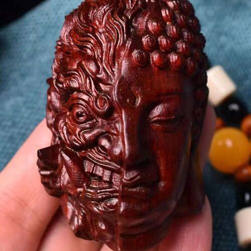 善恶佛魔一念之间手把件文玩黄杨木挂件红木随身木雕佛头