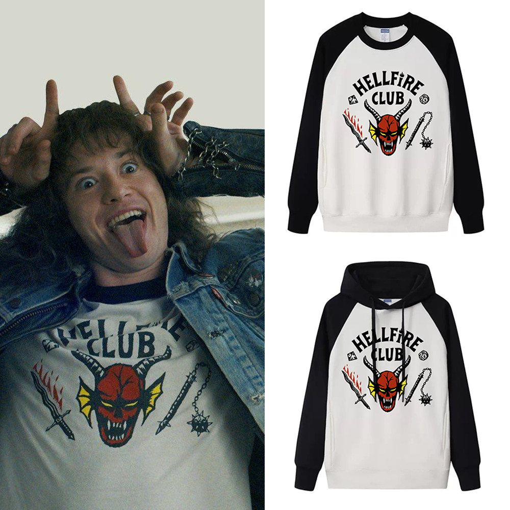 怪奇物语地狱火俱乐部周边同款套头卫衣男女黑白撞色重磅内搭上衣