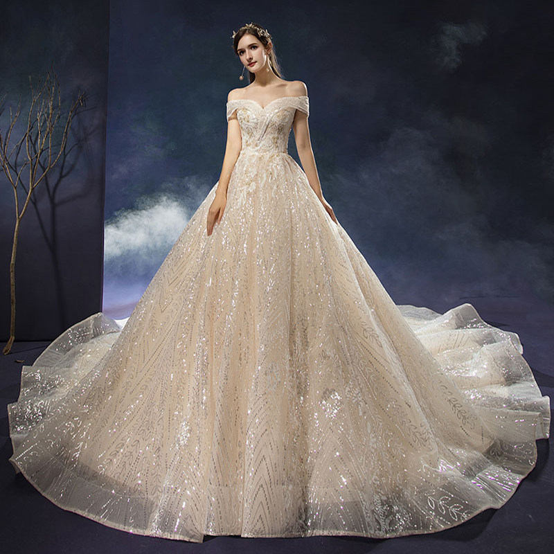 一字肩孕妇主婚纱礼服女2020新款新娘拖尾大码高腰遮孕肚胖mm显瘦