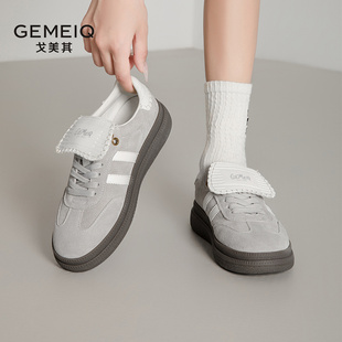 戈美其春季新款真皮复古德训鞋女百搭系带圆头板鞋休闲小白鞋