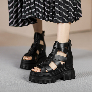 真皮内增高凉靴女2023年夏季新款厚底坡跟凉鞋高跟罗马鞋潮