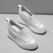 百搭休闲一脚蹬布洛克女鞋 真皮9CM内增高小白鞋 女松糕厚底单鞋 秋