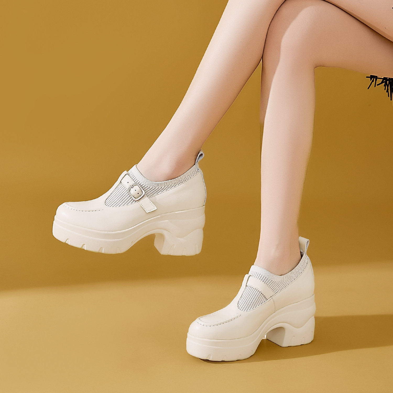 北西迪英伦风厚底8CM松糕鞋女米白色休闲百搭小个子增高玛丽珍鞋