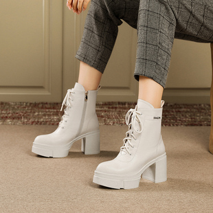 北西迪真皮9CM粗跟马丁靴女系带尖头百搭米白色侧拉链短靴单靴秋