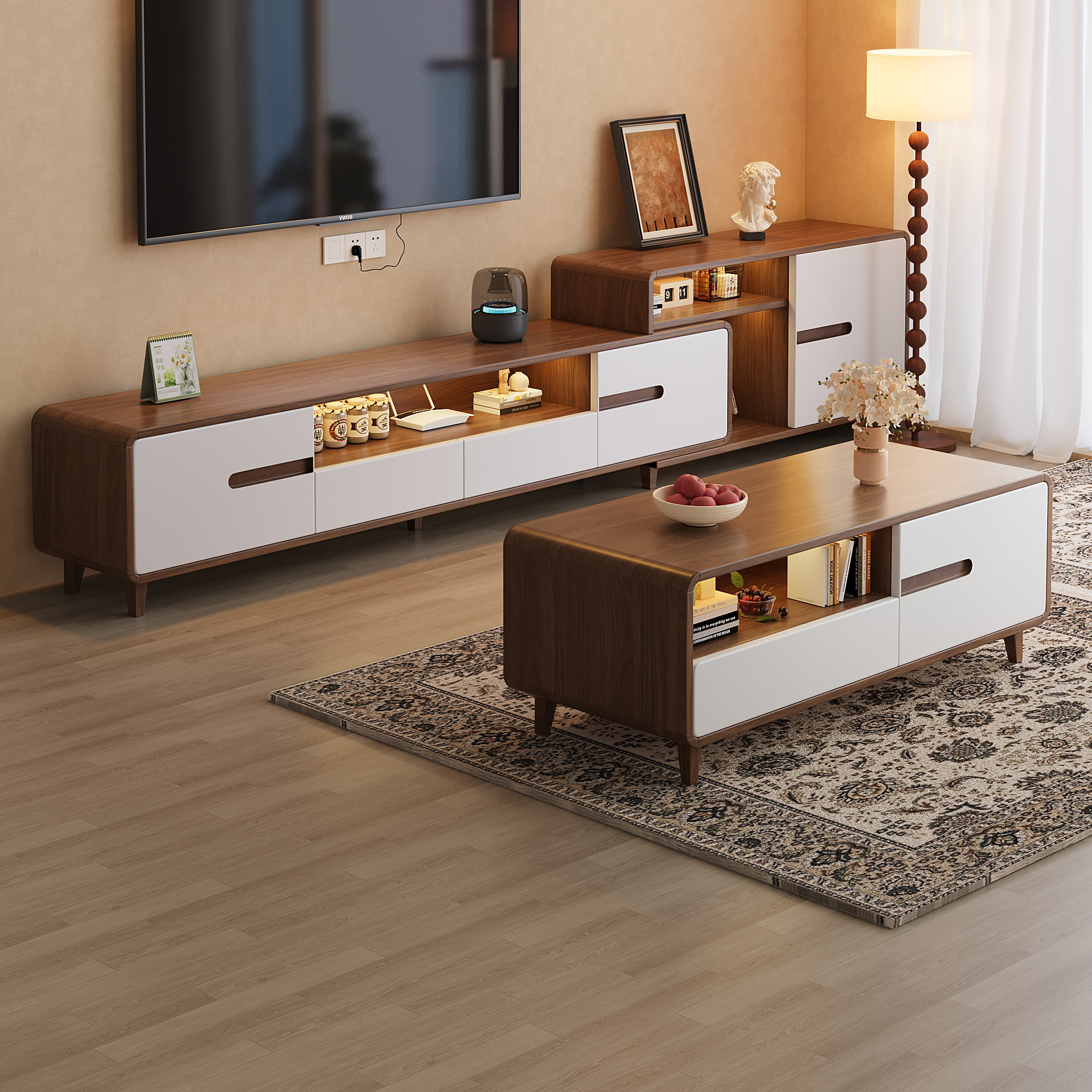 可伸缩茶几电视柜组合客厅收纳储物柜简易电视机柜小户型落地柜子