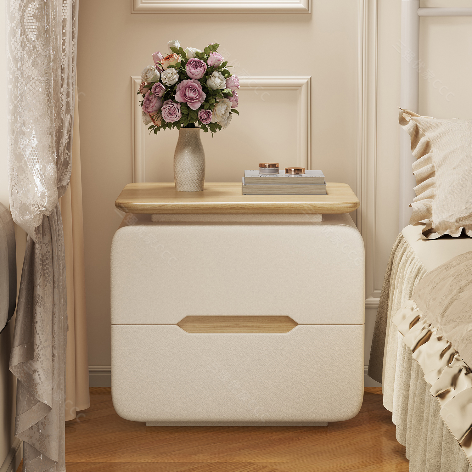 原木奶油风实木床头柜2025新款