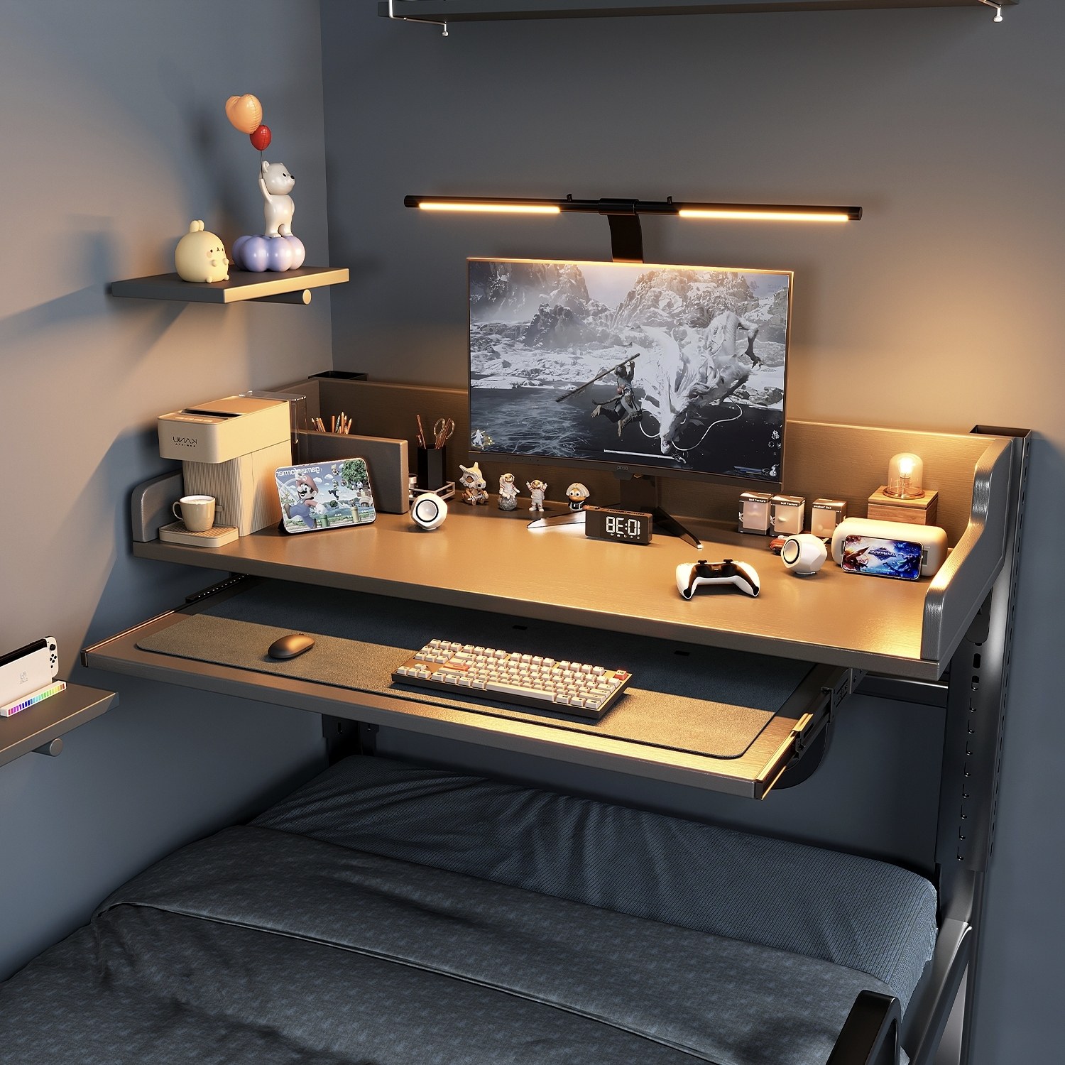 电脑桌大学生寝室床上电竞桌宿舍学习书桌上下铺悬空升降置物架