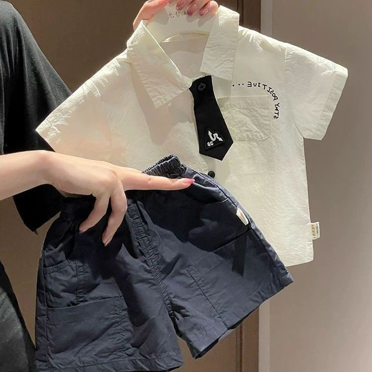 男童套装夏装洋气男宝宝衬衫短裤夏季婴儿衣服分体两件套
