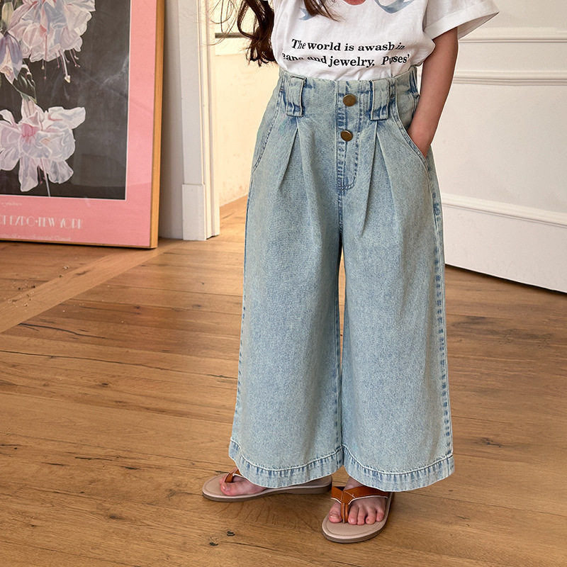 夏季女童休闲韩版复古高腰单排扣压褶百搭直筒牛仔阔腿裤,童装/婴儿装/亲子装,裤子,淘宝优惠券,粉丝福利购,淘宝优惠卷