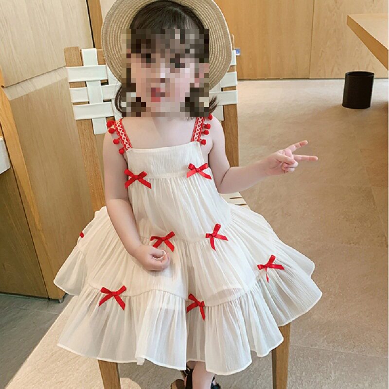 女童裙子小球球蝴蝶结连衣裙吊带