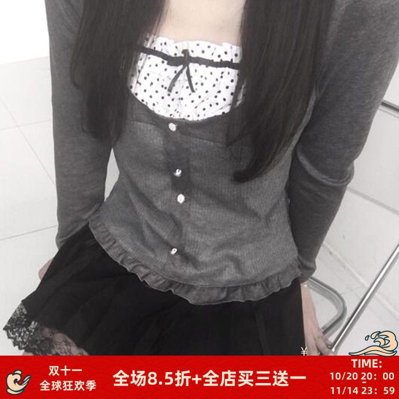 FabGirls 日系假两件波点领口拼接排扣花边长袖T恤 百搭显瘦上衣