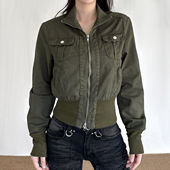 FabGirls 复古百搭显瘦夹克上衣 风口袋拼接螺纹牛仔外套 美式 工装