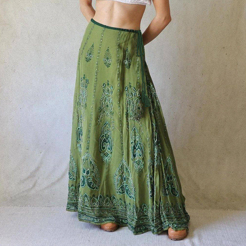 FabGirls 尼泊尔森系古着麻花绑带低腰半身裙 复古百搭显瘦直筒裙