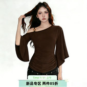 T恤 FabGirls 设计感串珠拼接单肩收腰蝙蝠袖 小众百搭显瘦短上衣