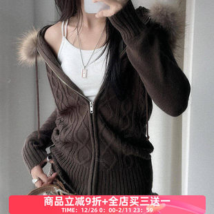 FabGirls 美式复古麻花纹理毛毛连帽毛衣外套 辣妹百搭显瘦开衫冬