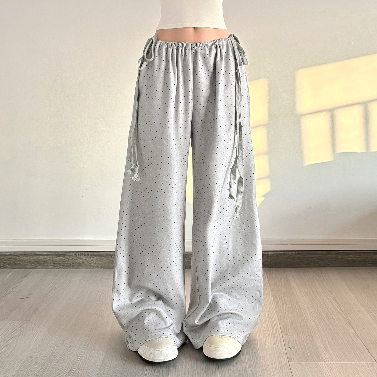 FabGirls 慵懒松弛波点印花绑带低腰休闲裤 小众百搭显瘦针织长裤,女装/女士精品,休闲裤,淘宝优惠券,粉丝福利购,淘宝优惠卷